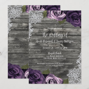 Invitation Mariage profond pourpre roses gris dentelle blanch
