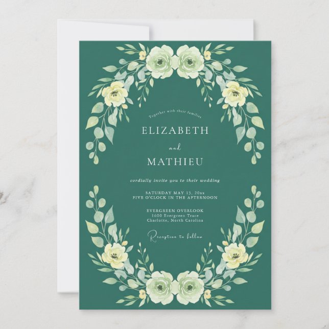 Invitation Mariage profond sarcelle crème Ranunculus Eucalypt (Devant)
