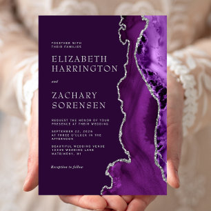 Invitation Mariage prune Agate argenté Violet