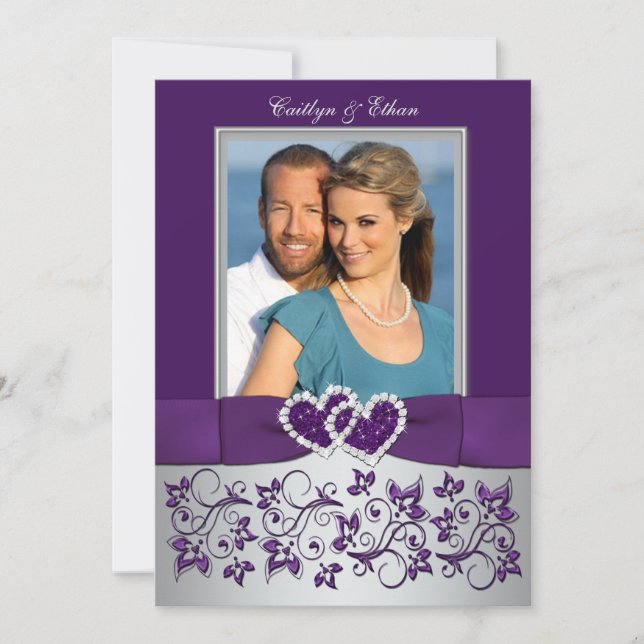 Invitation Mariage | Purple, Argent | Floral, Coeurs | Photo (Devant)