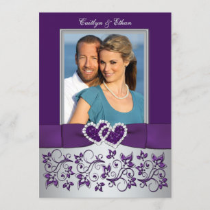 Invitation Mariage Purple, Argent Floral, Coeurs Photo
