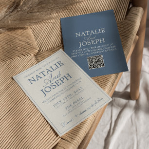 Invitation Mariage QR Code Bleu Et Blanc Élégant