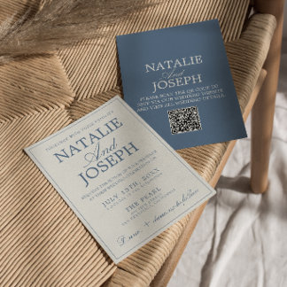 Invitation Mariage QR Code Bleu Et Blanc Élégant 