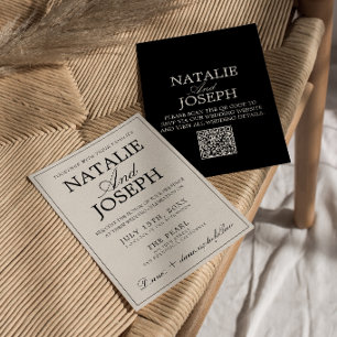 Invitation Mariage QR Code Élégant Noir Et Crème Ancien Argen
