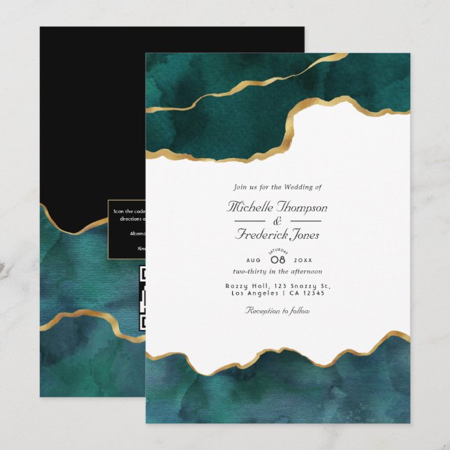 Invitation Mariage QR Code RSVP Agate Géode Turquoise et Or (Devant / Derrière)