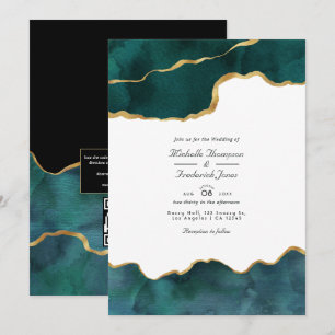 Invitation Mariage QR Code RSVP Agate Géode Turquoise et Or