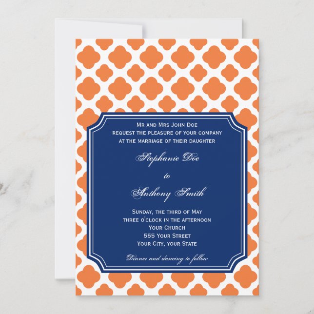 Invitation Mariage Quatrefoil bleu orange et royal (Devant)