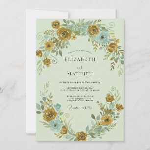 Invitation Mariage Ranunculus Eucalyptus Aqua Moutarde