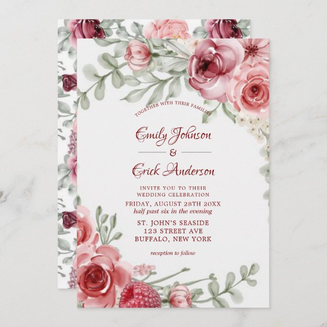 Invitation Mariage Raspberry Pink Watercolor Peonies (Devant / Derrière)
