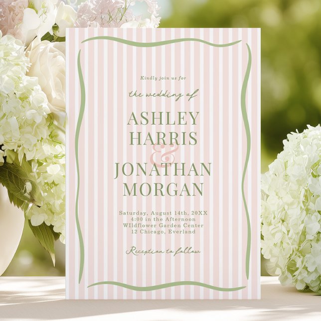 Invitation Mariage rayé rétro pêche et sauge (Créateur téléchargé)