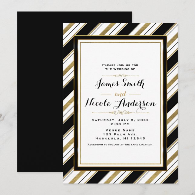 Invitation Mariage rayures chic horizontales noir blanc et or (Devant / Derrière)