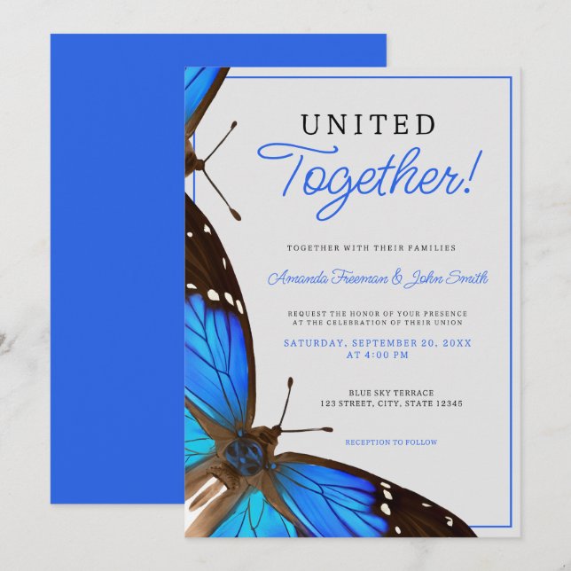 Invitation Mariage réaliste des papillons bleus (Devant / Derrière)