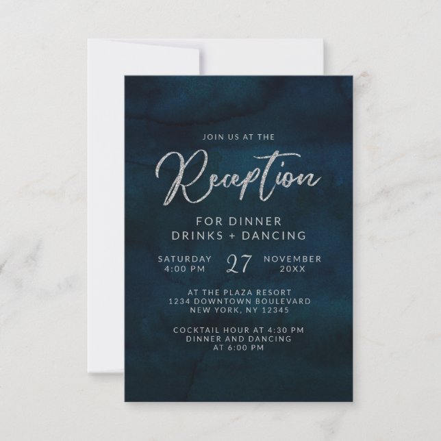 Invitation Mariage Réception Aquarelle Bleu Foncé Lustré Navy (Devant)