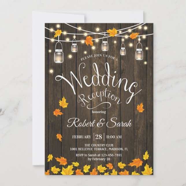 Invitation Mariage Réception Rustique Bois Éclairé en Automne (Devant)