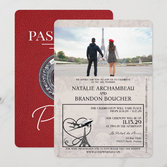 Invitation Mariage Red Paris Passport (Devant / Derrière)