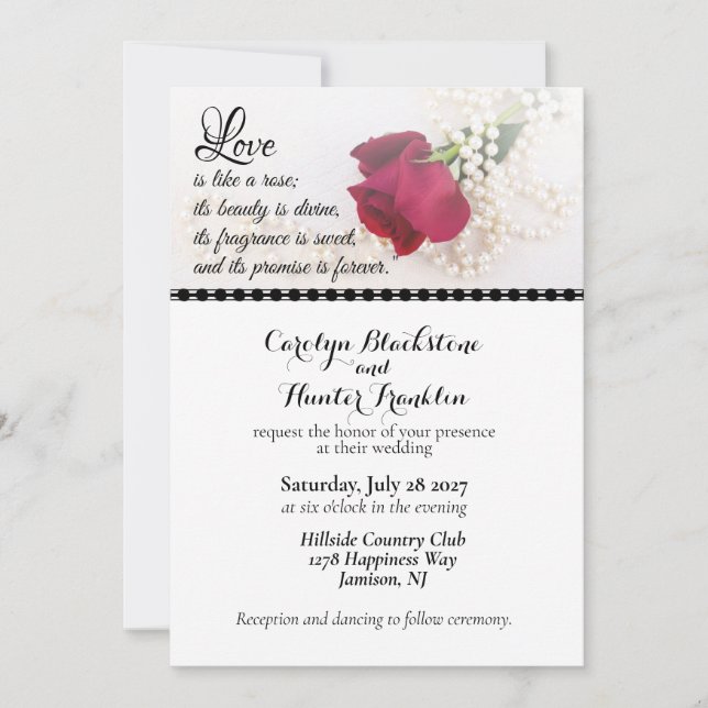 Invitation Mariage Red Rose & Pearls (Devant)
