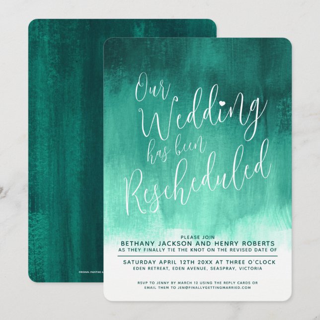 Invitation Mariage rééchelonné Emerald green art moderne (Devant / Derrière)