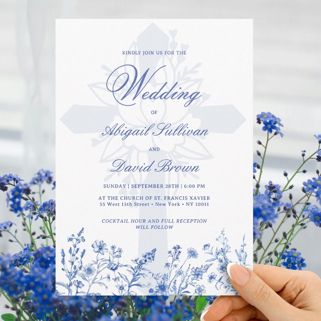 Invitation Mariage religieux aux fleurs sauvages bleues (Créateur téléchargé)