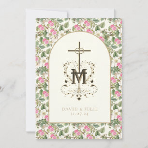 Invitation Mariage religieux catholique rose et blanc Floral