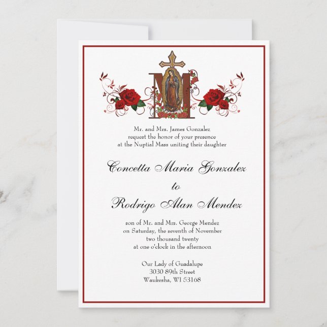 Invitation Mariage religieux des Roses rouges de Guadalupe (Devant)