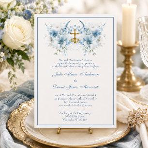 Invitation Mariage religieux floral bleu classique catholique