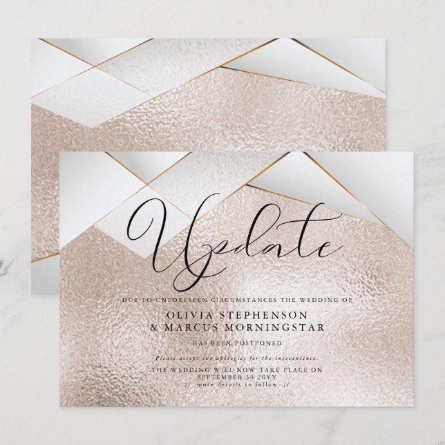 Invitation Mariage reporté à Modern Rose Gold Pearl Facets (Devant / Derrière)