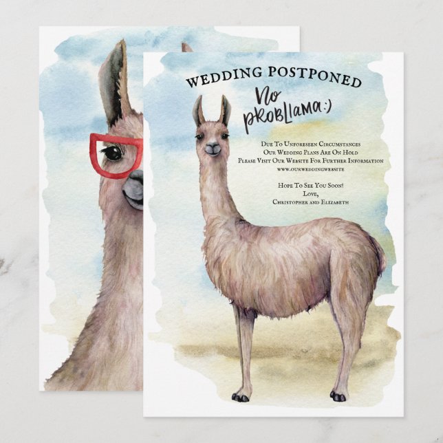 Invitation Mariage Reporté Aquarelle Lama Drôle (Devant / Derrière)