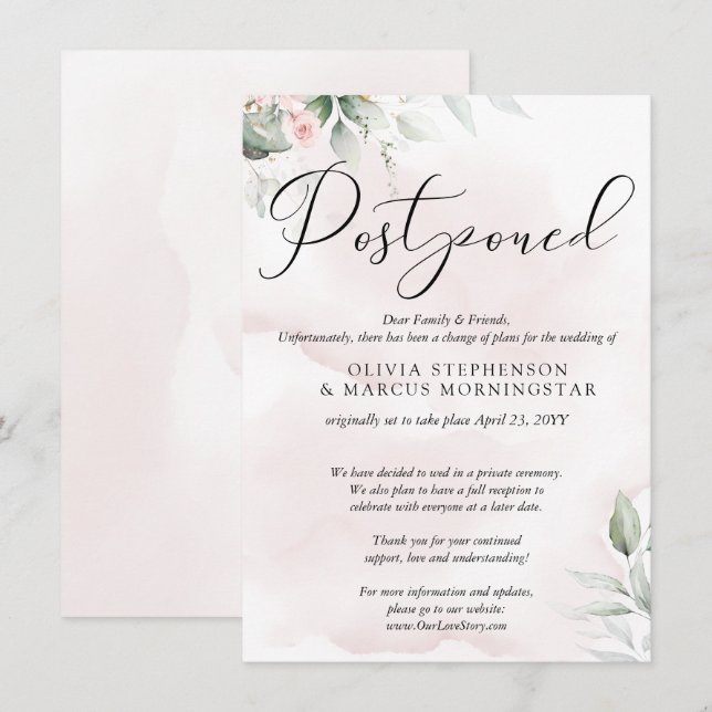 Invitation Mariage Reporté Aquarelle Rose Pâle Clair (Devant / Derrière)