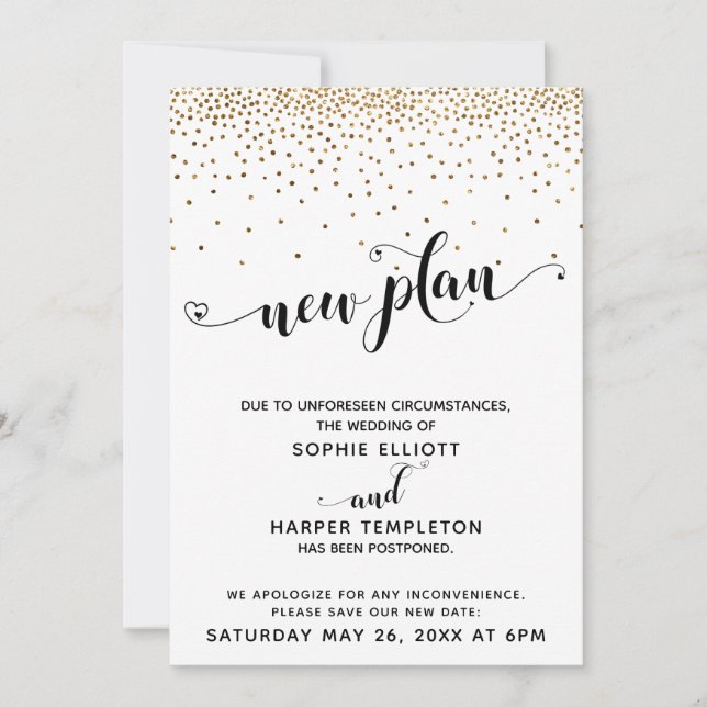 Invitation Mariage reporté Confetti & Coeurs Or Nouveau plan (Devant)