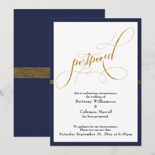 Invitation Mariage reporté Elegant Navy & Gold Stripe Card