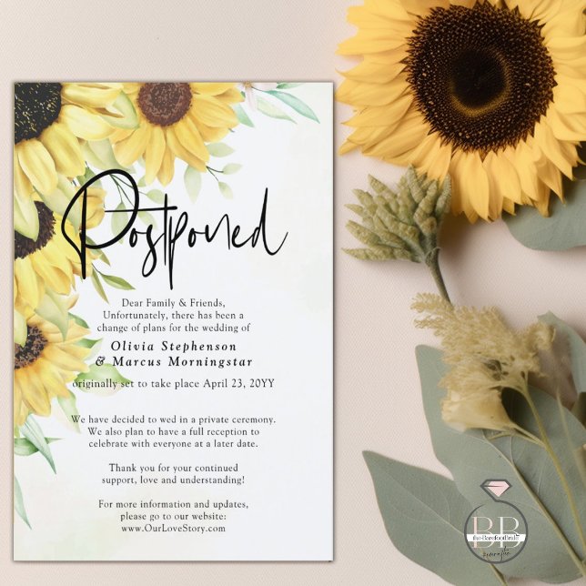Invitation Mariage Reporté Élégant Tournesols Rustiques (Créateur téléchargé)