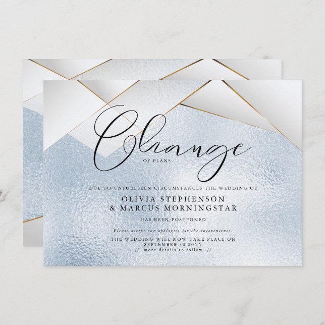 Invitation Mariage reporté Facettes de Perle Bleu Ciel (Devant / Derrière)