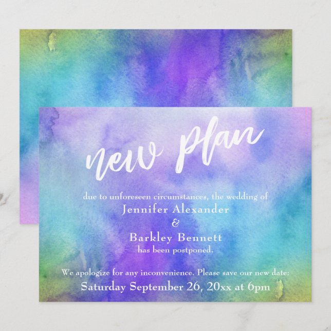 Invitation Mariage Reporté Lavis Aquarelle "Nouveau Projet" C (Devant / Derrière)