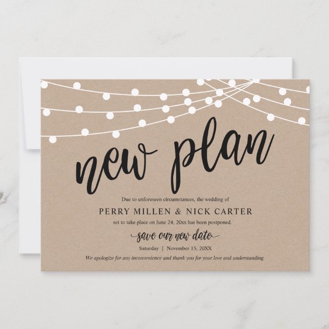 Invitation Mariage reporté, nouveau plan, rustique, Faire-par (Devant)