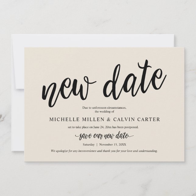 Invitation Mariage reporté, nouvelle date, crème, annonce (Devant)