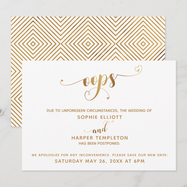 Invitation Mariage reporté "Oups !" Script Gold Hearts (Devant / Derrière)