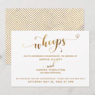Invitation Mariage Reporté "Whoops" Script Cœurs Or