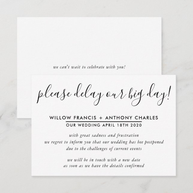 Invitation MARIAGE REPoussé report de notre grand jour info s (Devant / Derrière)