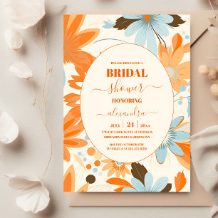 Invitation Mariage rétro boho orange bleu floral groovy
