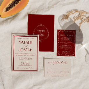 Invitation Mariage Rétro Bourgeoisie Burgundy Ivoire Élégant
