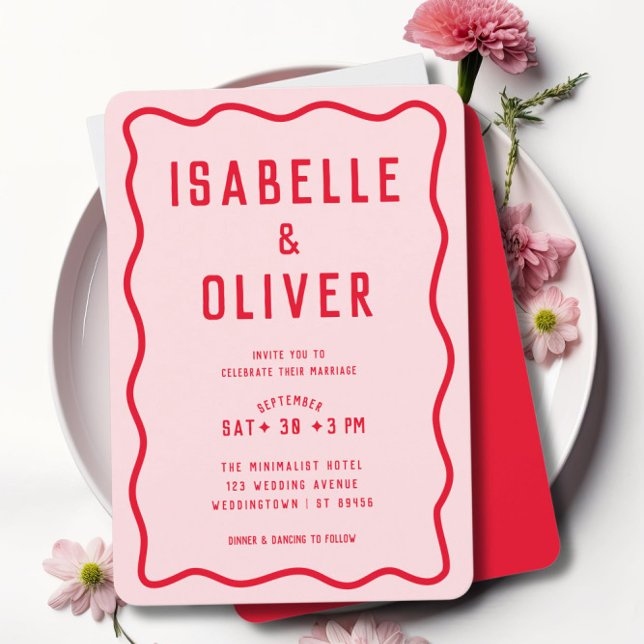 Invitation Mariage rétro brillant rouge rose brillant (Créateur téléchargé)