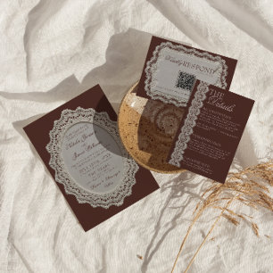 Invitation Mariage rétro chocolat marron dentelle napperon vi