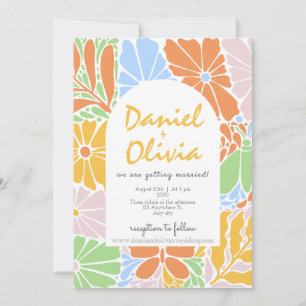 Invitation Mariage rétro coloré à cadre fleuri