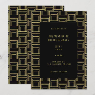 Invitation Mariage rétro élégant et géométrique Gold Black Ar