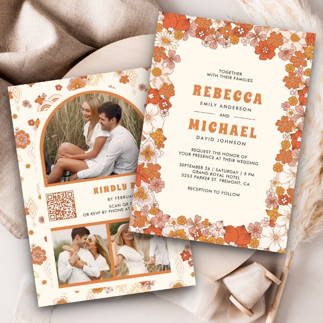 Invitation Mariage rétro fleuri sauvage groovy orange crème (Créateur téléchargé)