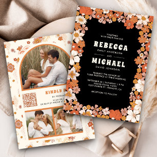 Invitation Mariage Rétro Groovy aux Fleurs Sauvages Orange No