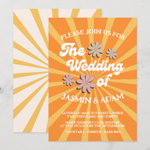 Invitation Mariage Rétro Groovy Orange Daisy Sunburst
