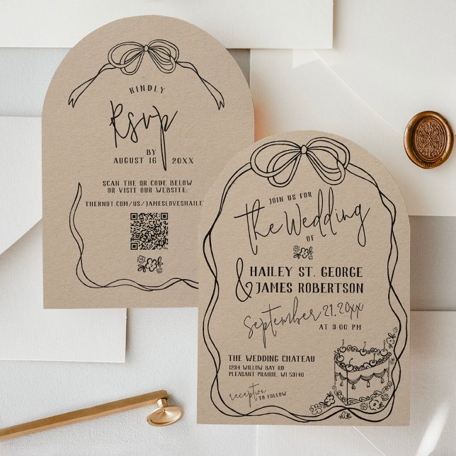 Invitation Mariage rétro KRAFT (Rustic kraft and black simple hand drawn whimsical quirky coquette bow frame modern wedding invite)