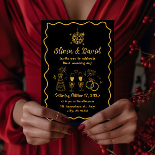 Invitation Mariage rétro minimaliste dessiné à la main noir, 