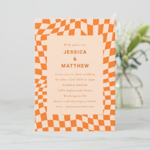 Invitation Mariage Rétro Orange Peach Damier Ondulé